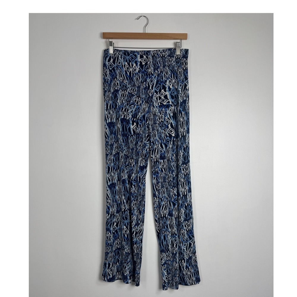 Boho AB Studio Womens Small Wide Leg Pants Blue White Geometric Ikat Stretchy‎